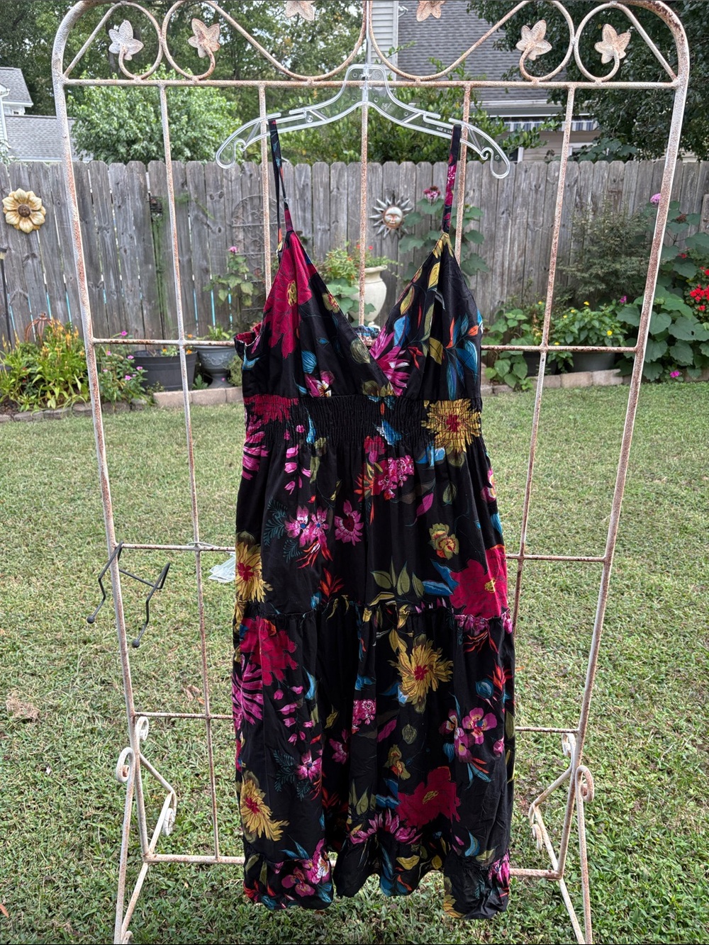 Black Floral Maxi Sundress with Smocked Waist